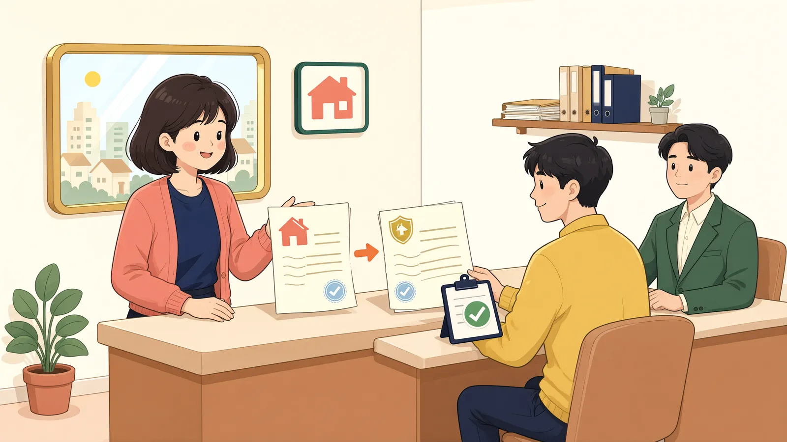 「소유권이전과 근저당 설정을 한꺼번에 신청할 때, 등기필정보는 어떻게 할까」 상황을 그린 삽화