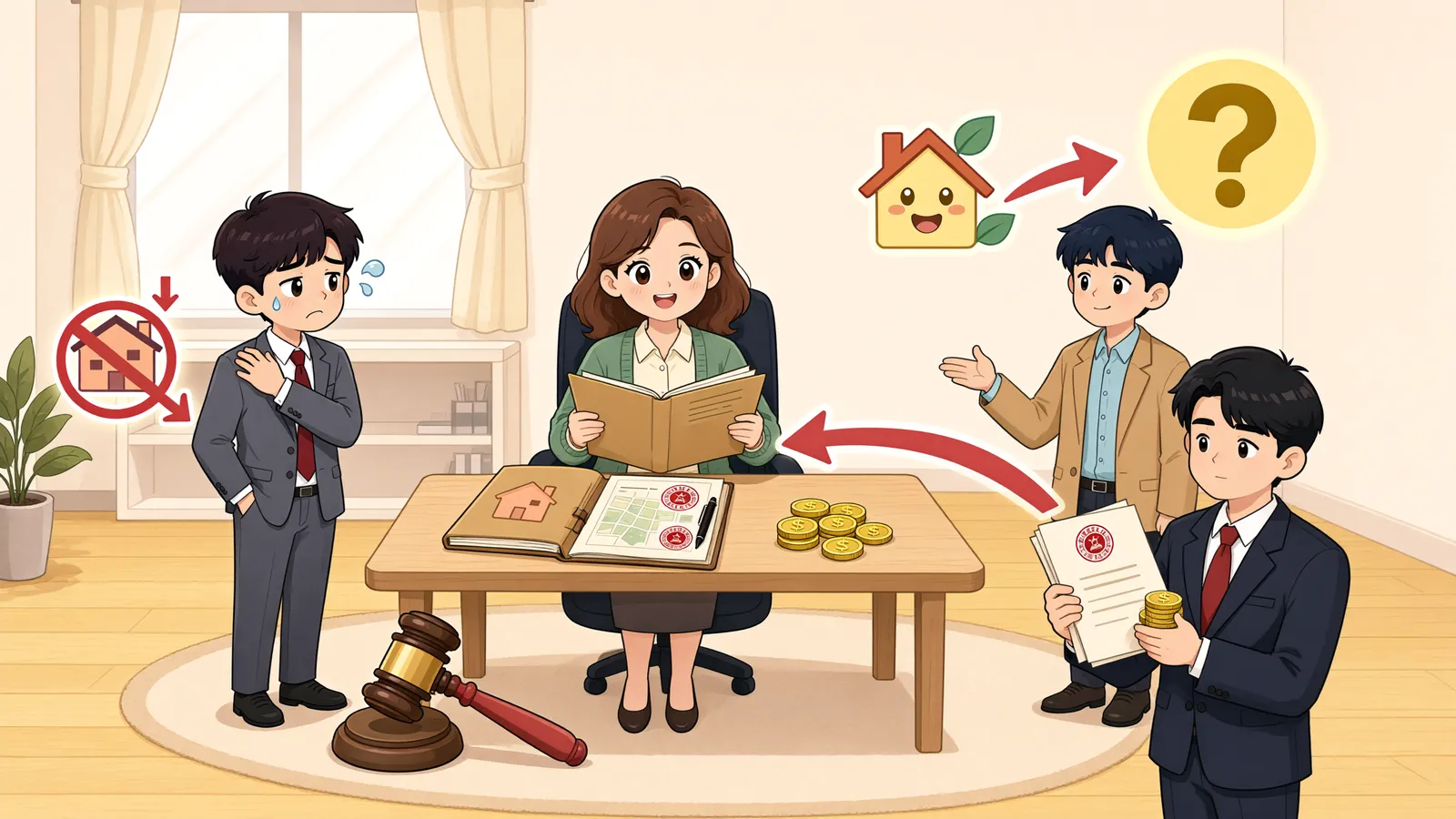 「경매 중 소유권이 바뀌었다면, 세금 배당은 어디까지?」 상황을 그린 삽화