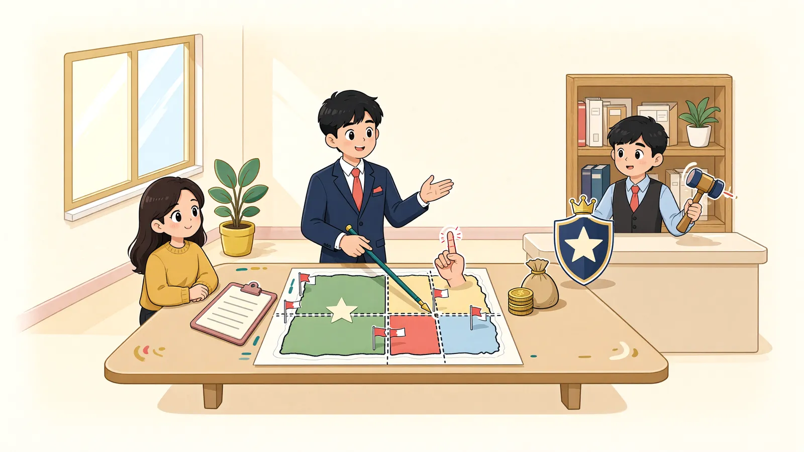 「대지가 나뉘어 일부만 경매돼도, 보증금도 나뉠까?」 상황을 그린 삽화
