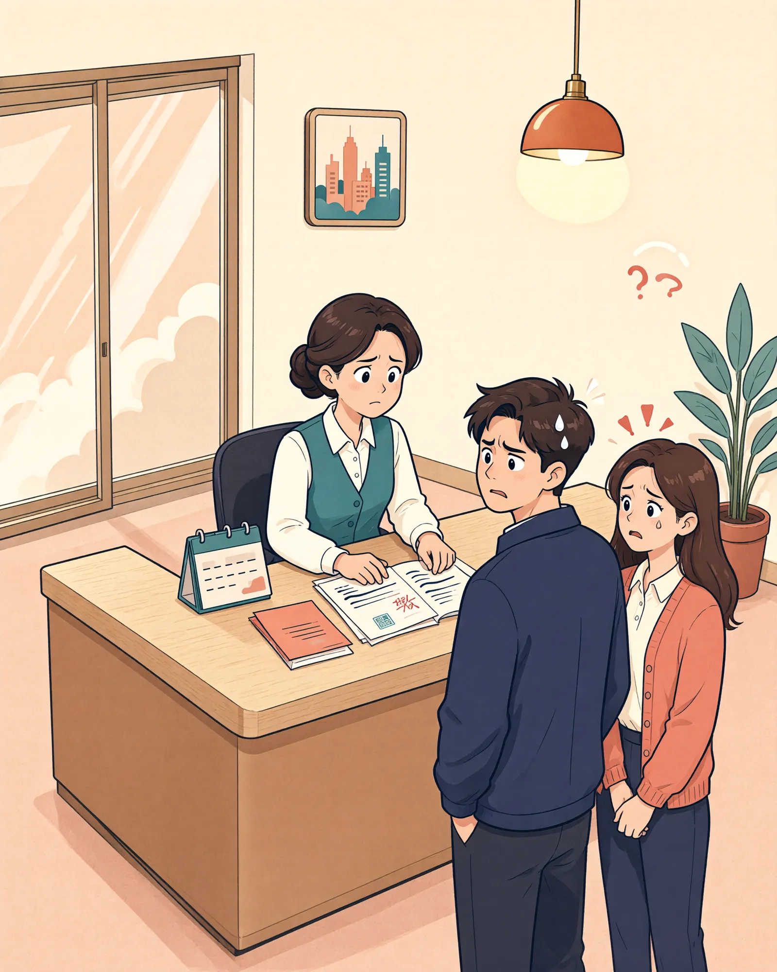 「월세를 다시 내기 시작했는데, 묵시적 갱신이 될까요?」 상황을 그린 삽화