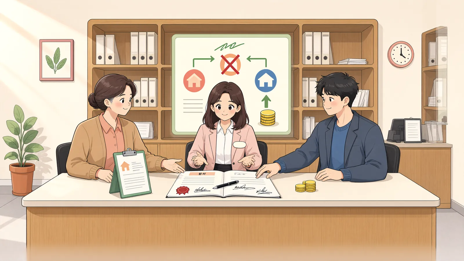 「중간생략등기 약속 뒤 오른 땅값, 누구에게 청구할까」 상황을 그린 삽화