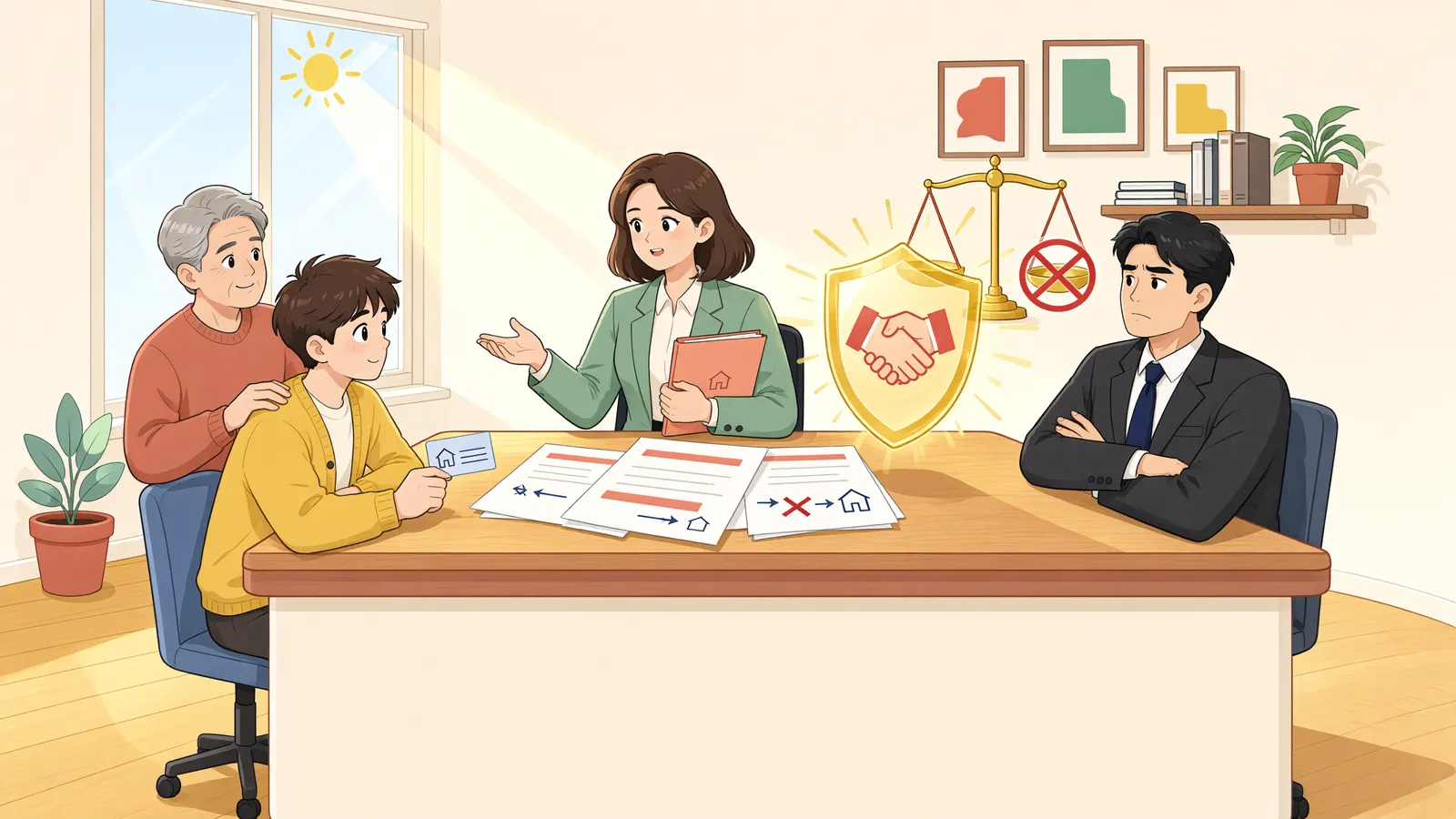「알고도 담보를 낮춰 잡은 은행, 뒤늦게 임차인을 밀어낼 수 있을까」 상황을 그린 삽화