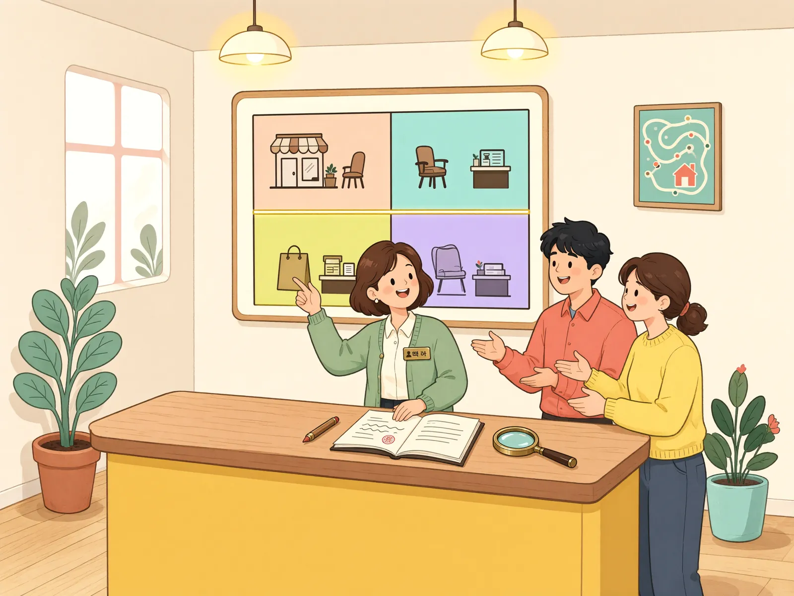 「구분점포 여러 칸, 보증금은 따로 볼까 합쳐 볼까」 상황을 그린 삽화