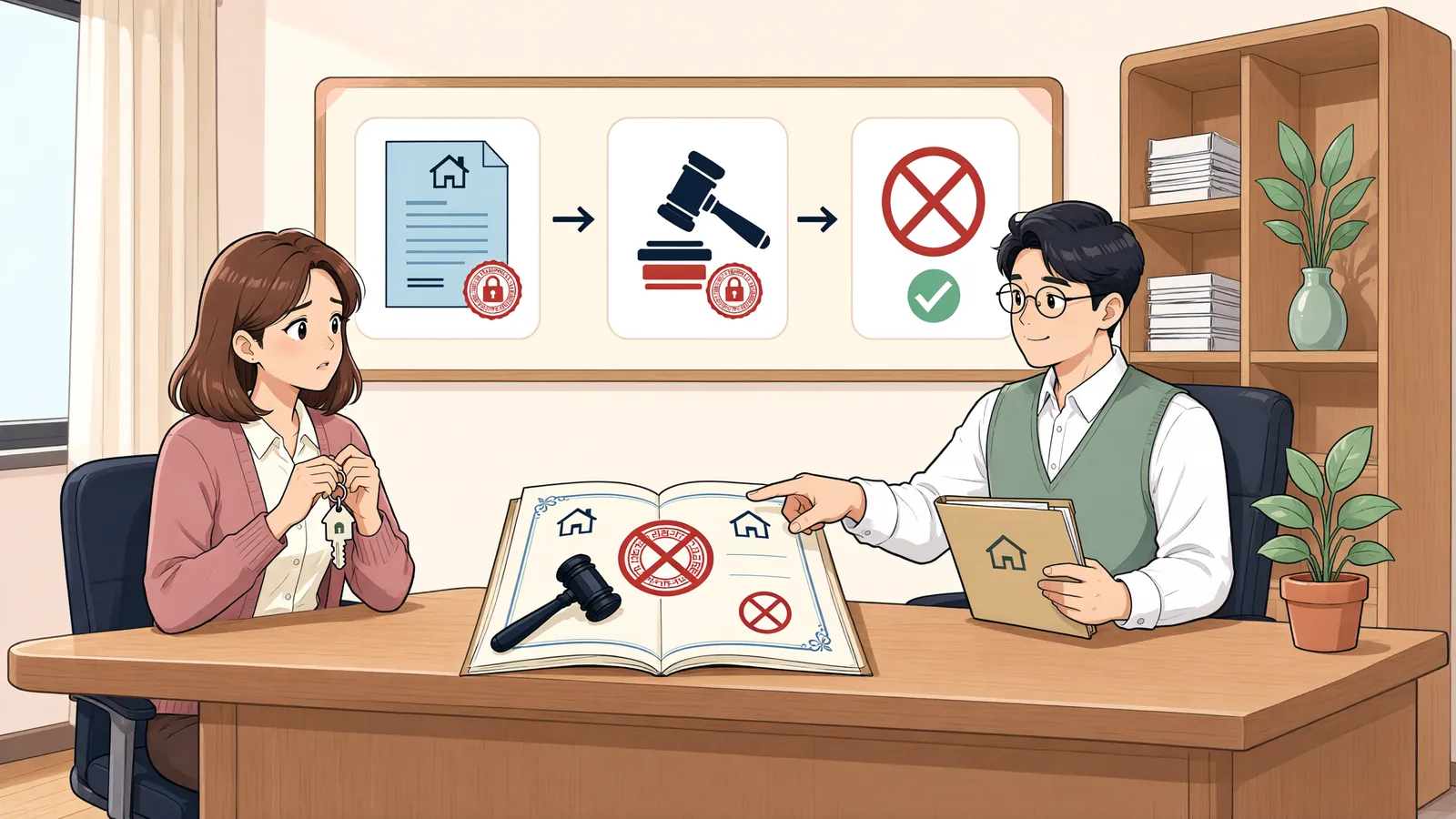「추심판결만으로 처분금지가처분을 취소할 수 있을까」 상황을 그린 삽화