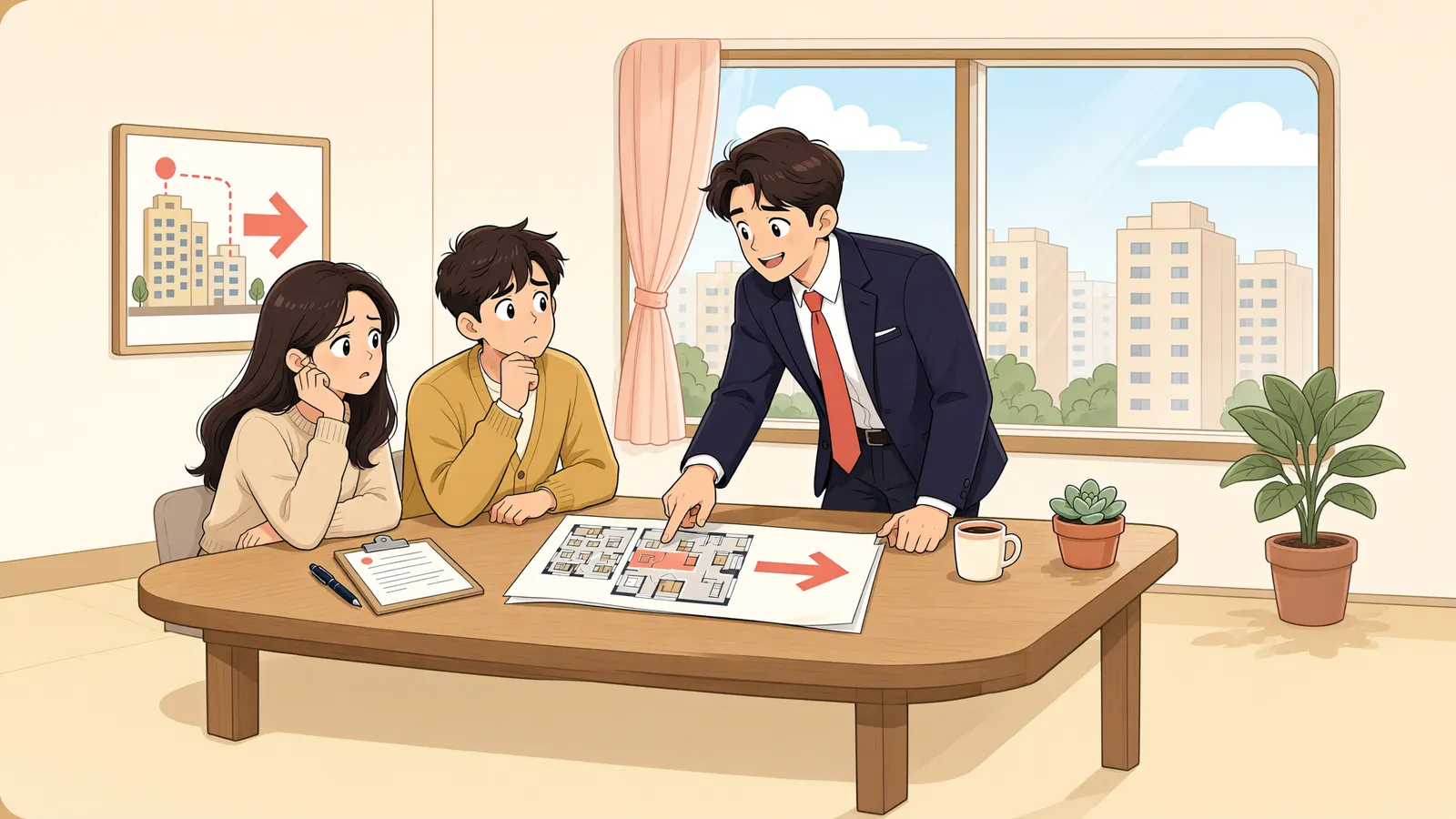「남향이라 믿고 더 냈는데, 실제론 북동향이라면」 상황을 그린 삽화