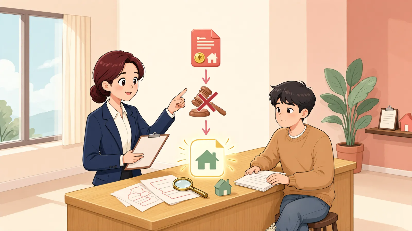 「저당권과 함께 지상권을 설정했어도, 기존 건물은 보호될까?」 상황을 그린 삽화