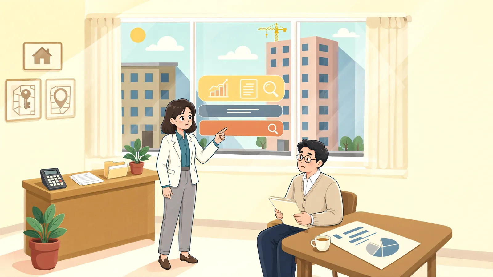 「새 건물이 만든 그늘, 손해 전부를 책임져야 할까」 상황을 그린 삽화