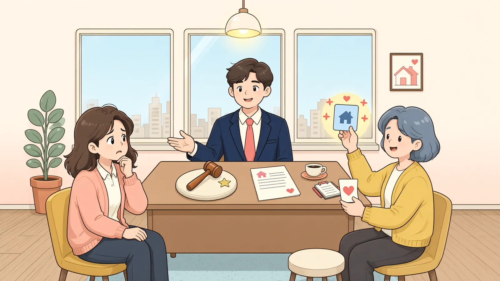 「공유지분 경매, 남이 낙찰받기 전에 할 수 있는 일」 상황을 그린 삽화
