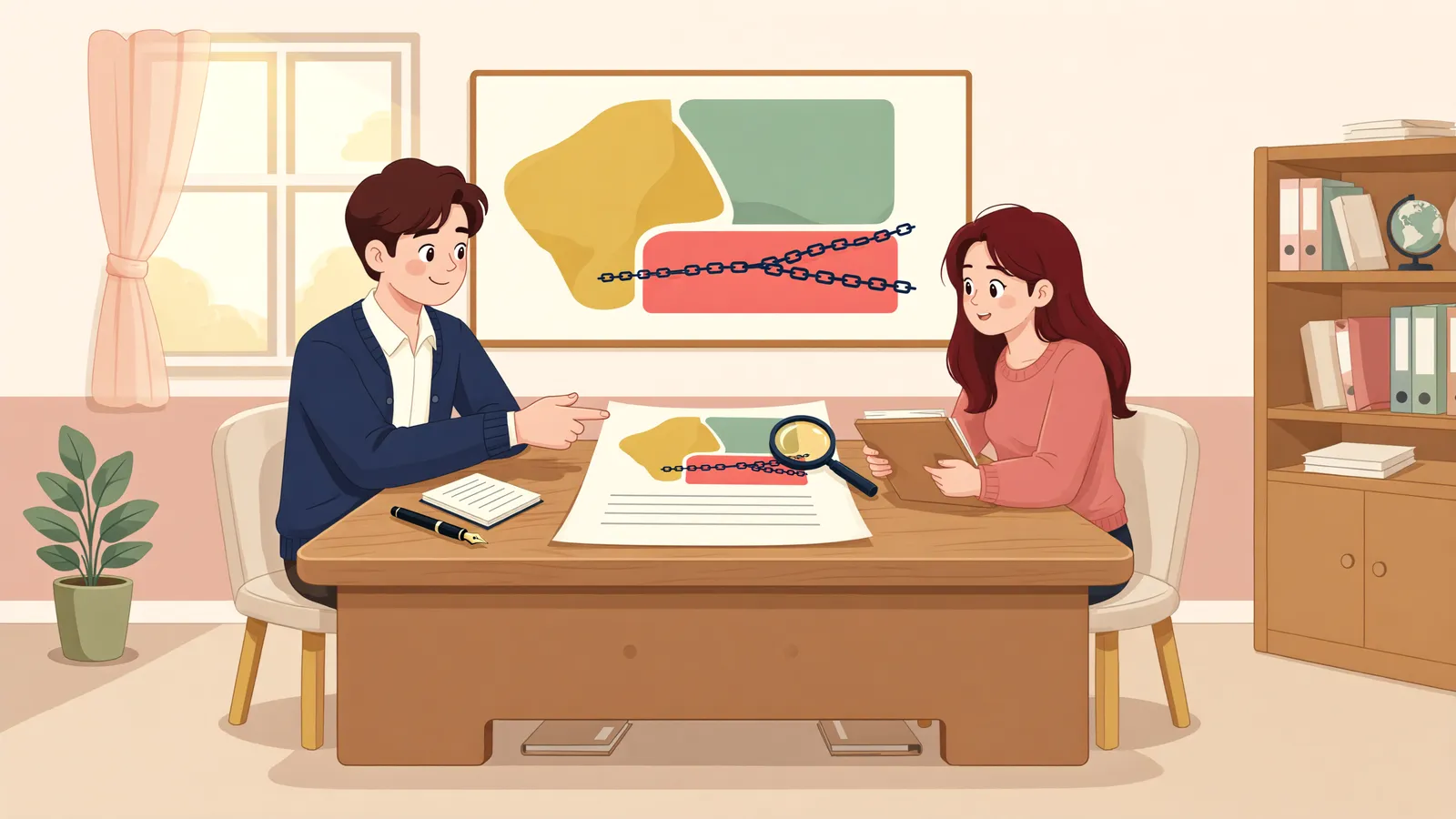 「공유지분에 근저당권이 있으면 땅을 어떻게 나눌까?」 상황을 그린 삽화