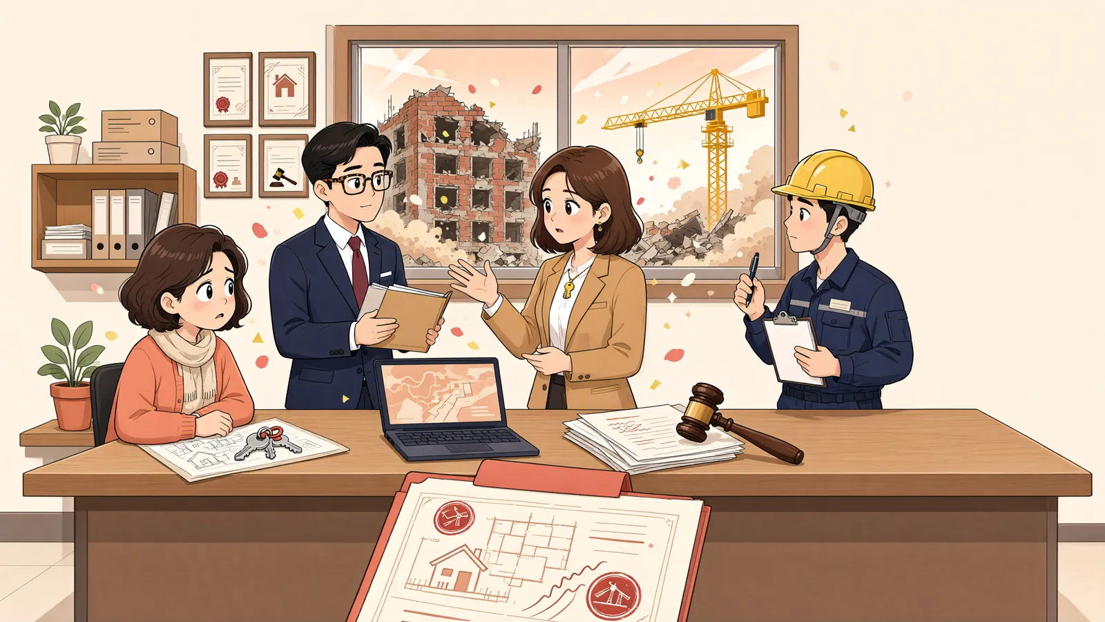 「철거 판결을 받았는데도 가건물이 그대로라면」 상황을 그린 삽화