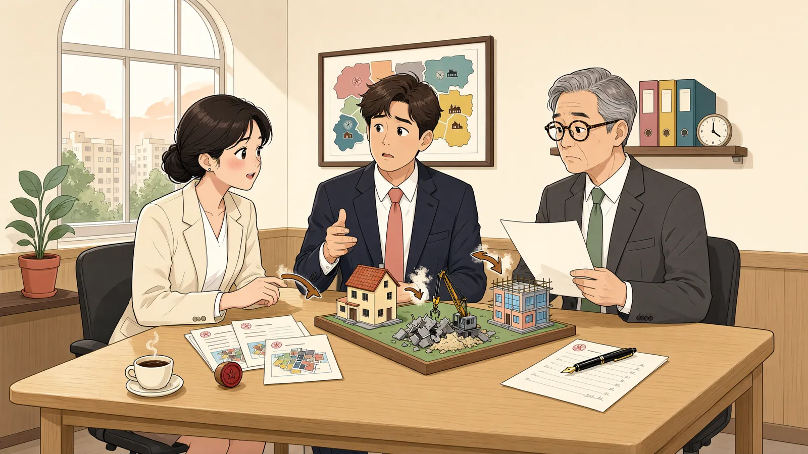 「창고를 허물고 새 건물을 지었다면, 저당권은 어디까지 미칠까」 상황을 그린 삽화