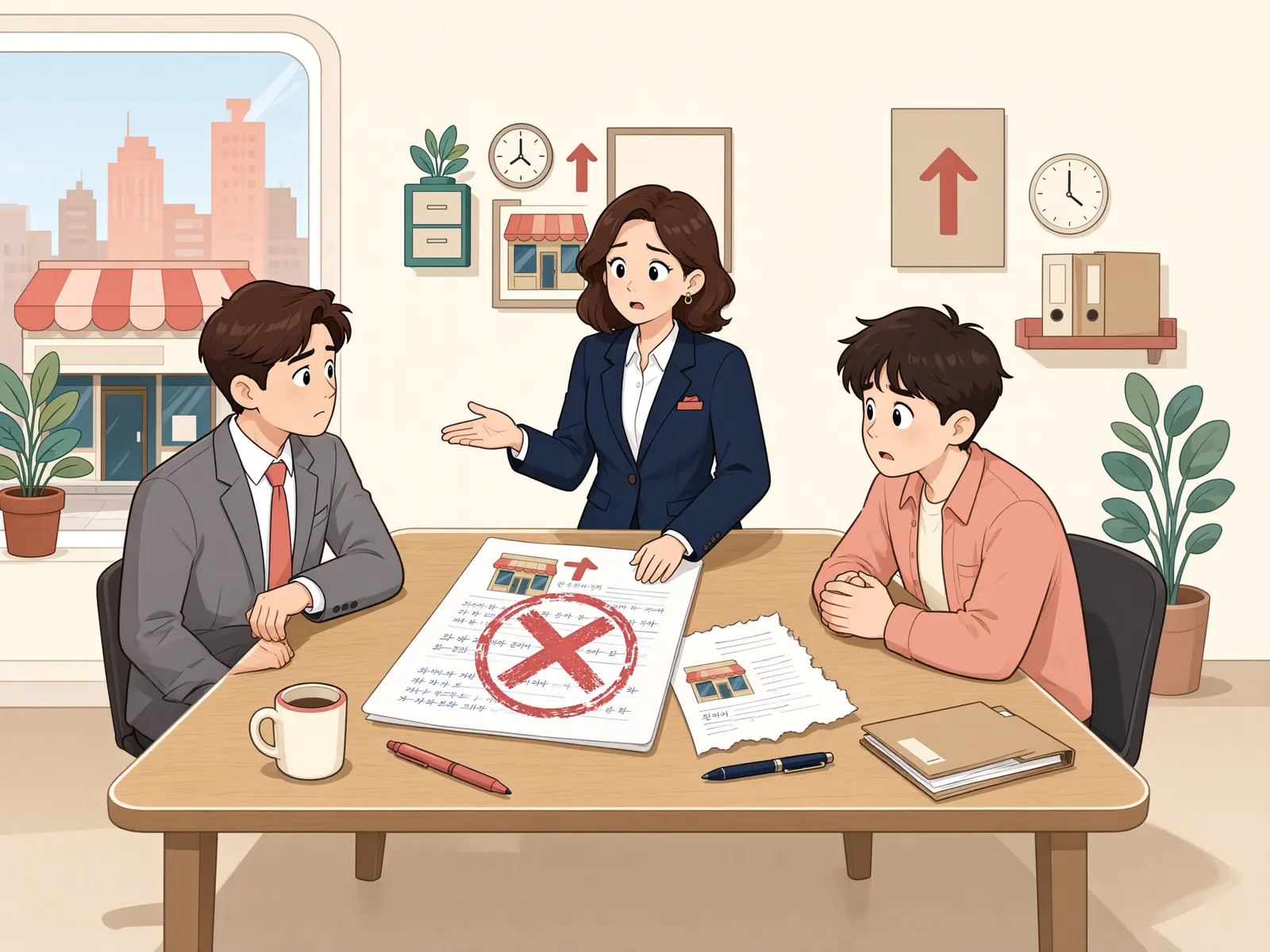 「권리금 계약만 취소하면 임차권 양도는 그대로일까?」 상황을 그린 삽화