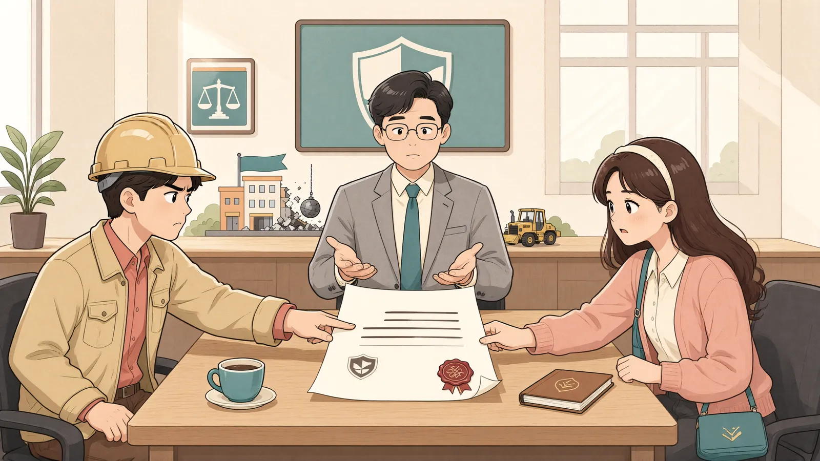 「건물 전세권이 있어도 토지사용권까지 생기는 건 아닙니다」 상황을 그린 삽화