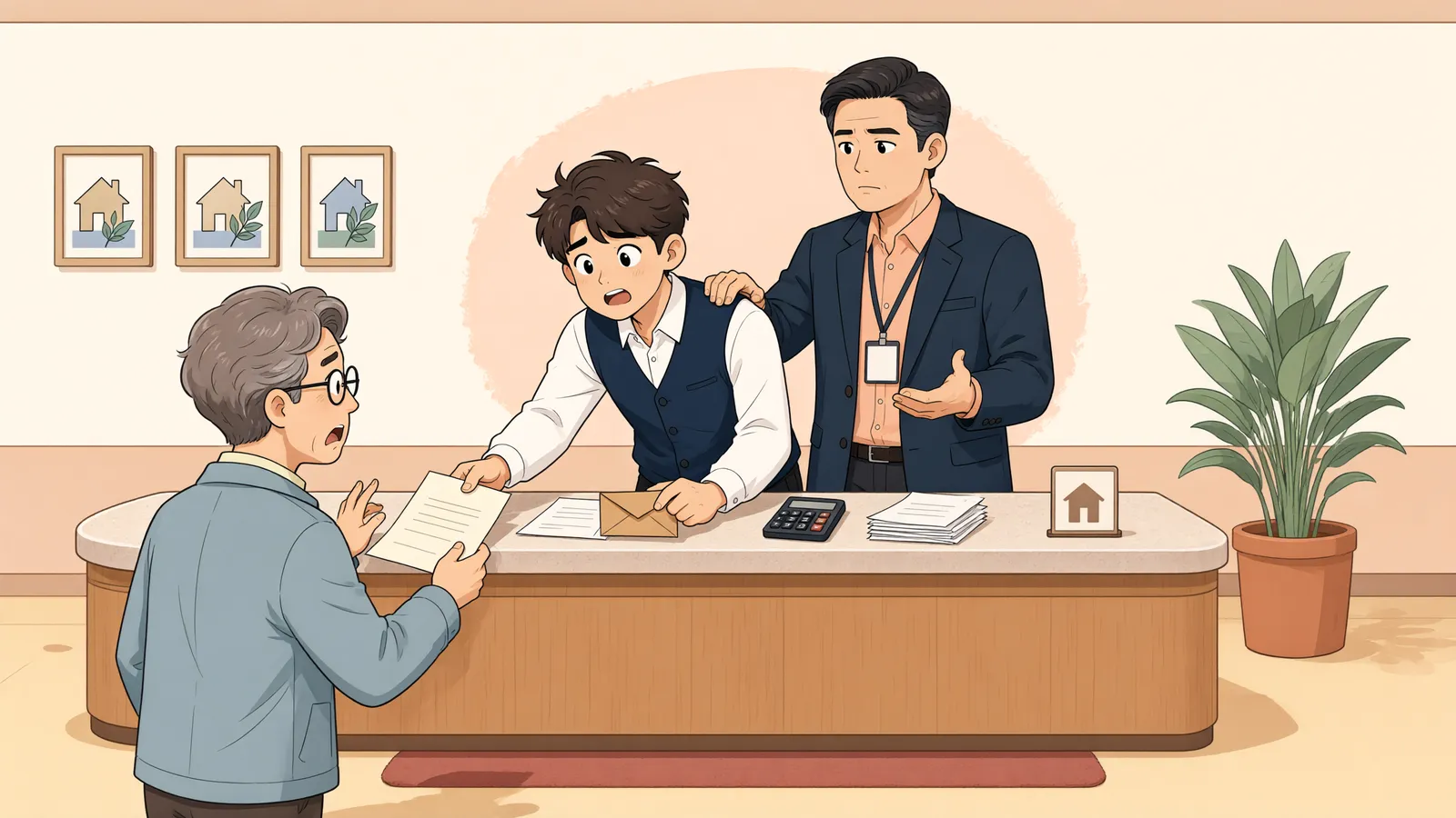「소유자 확인을 놓친 중개, 책임은 누구에게 있을까」 상황을 그린 삽화