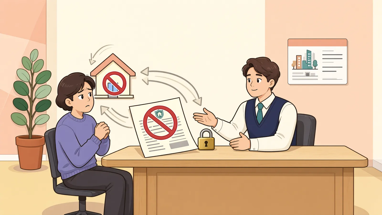 「처분금지가처분이 걸린 땅, 계약해도 괜찮을까?」 상황을 그린 삽화