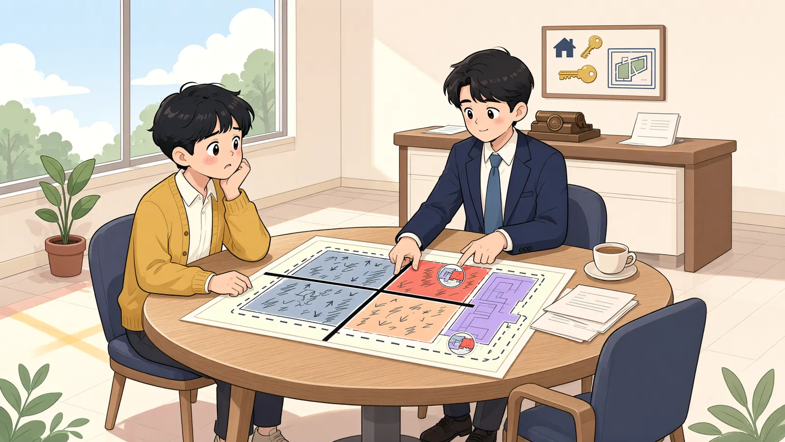 「건물이 경계를 넘었다면, 20년 점유만으로 내 땅이 될까」 상황을 그린 삽화