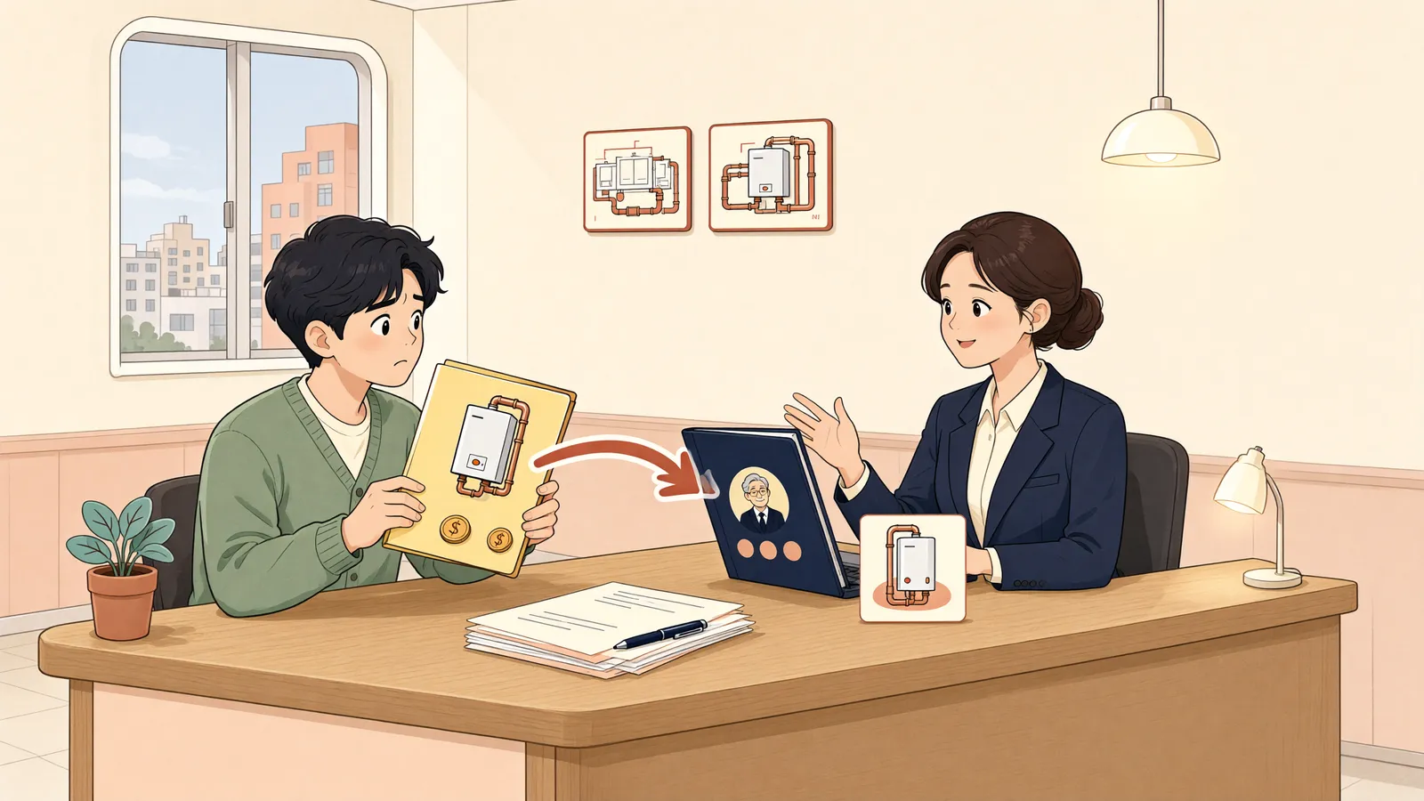 「보일러를 바꾼 임차인, 누구에게 비용을 청구할까?」 상황을 그린 삽화