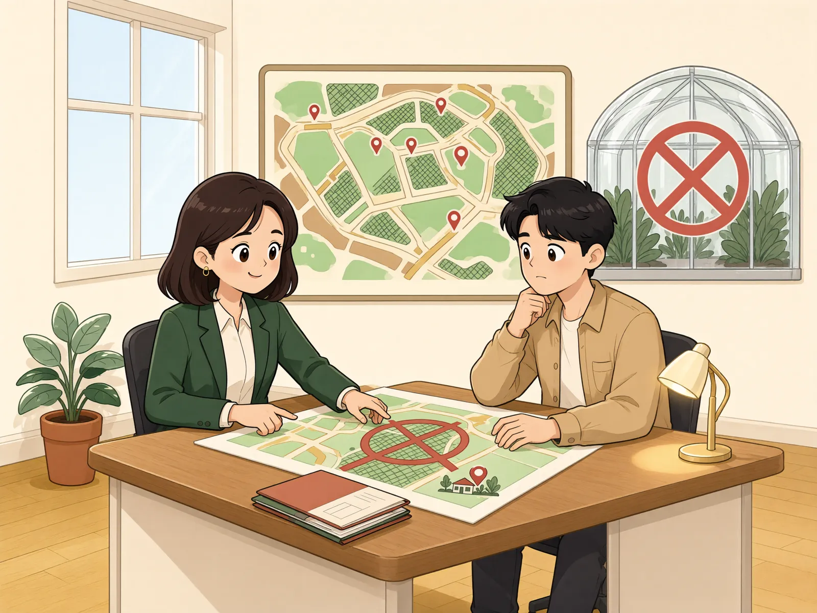 「건축법 대상이 아니어도, 그린벨트 규제는 따로 봐야 합니다」 상황을 그린 삽화