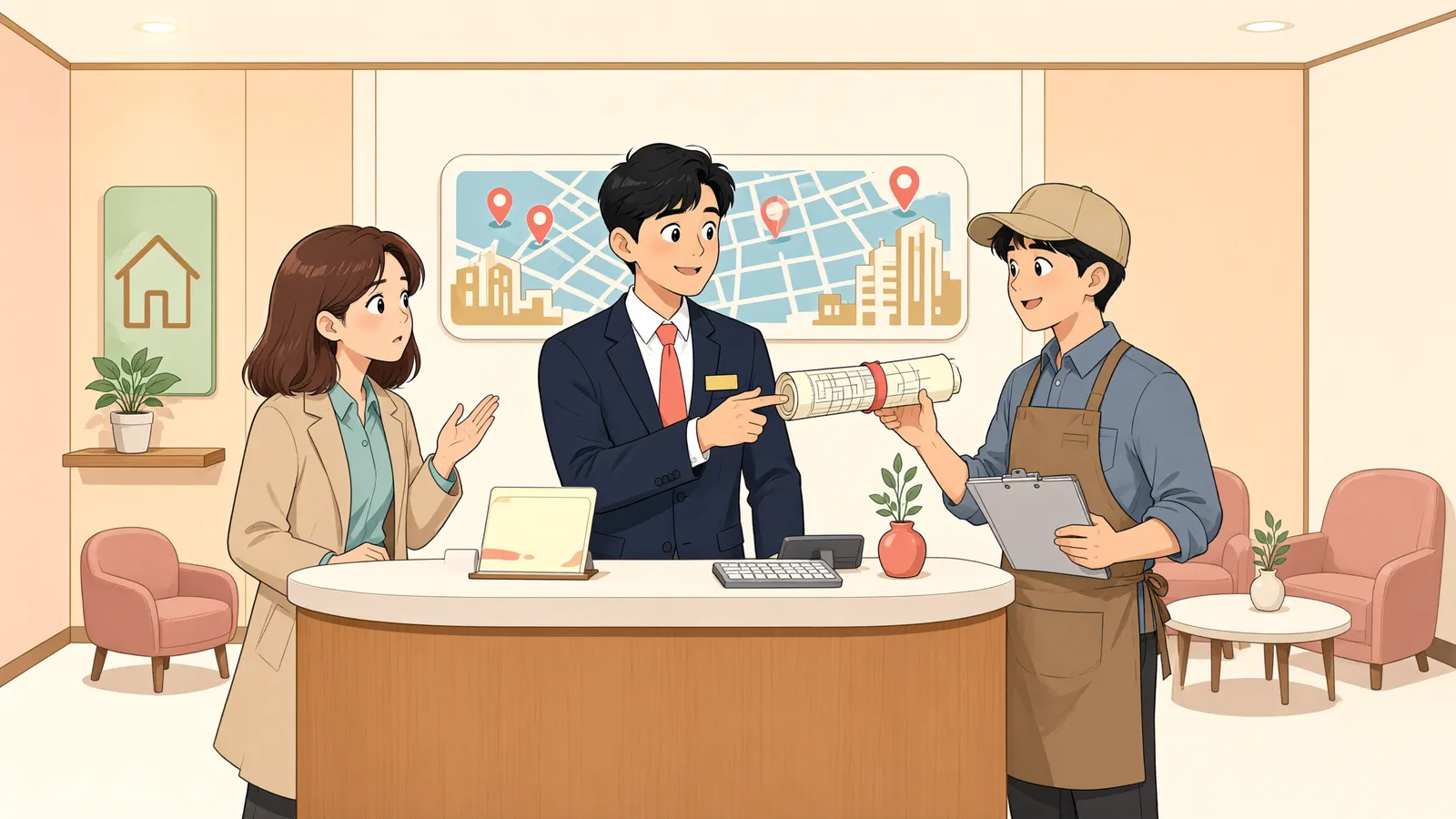 「땅 고르기, 계약자가 직접 해야 할까?」 상황을 그린 삽화