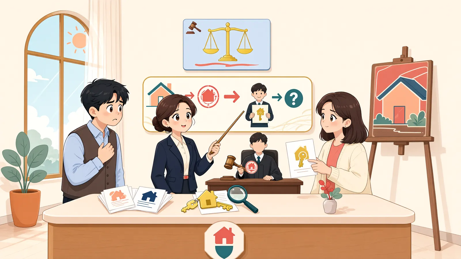 「가압류 뒤 마친 소유권이전등기, 경매를 막을 수 있을까」 상황을 그린 삽화