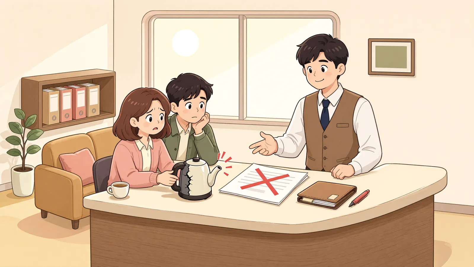 「포장 속 휜 알루미늄, 계약금은 돌려받을 수 있을까」 상황을 그린 삽화