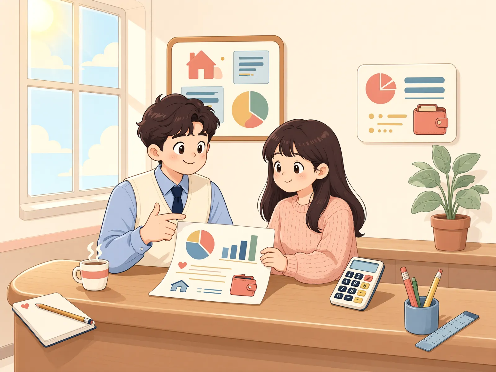 「가용소득 계산, 네 식구라고 생계비도 네 사람 몫일까요?」 상황을 그린 삽화