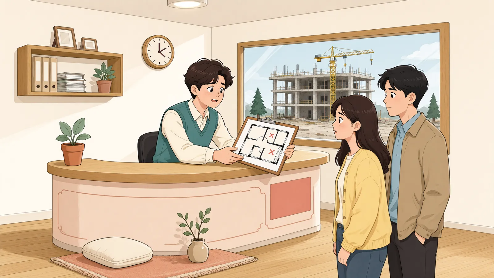 「준공예정일이 지났는데, 상가 임대차를 바로 해제할 수 있을까」 상황을 그린 삽화