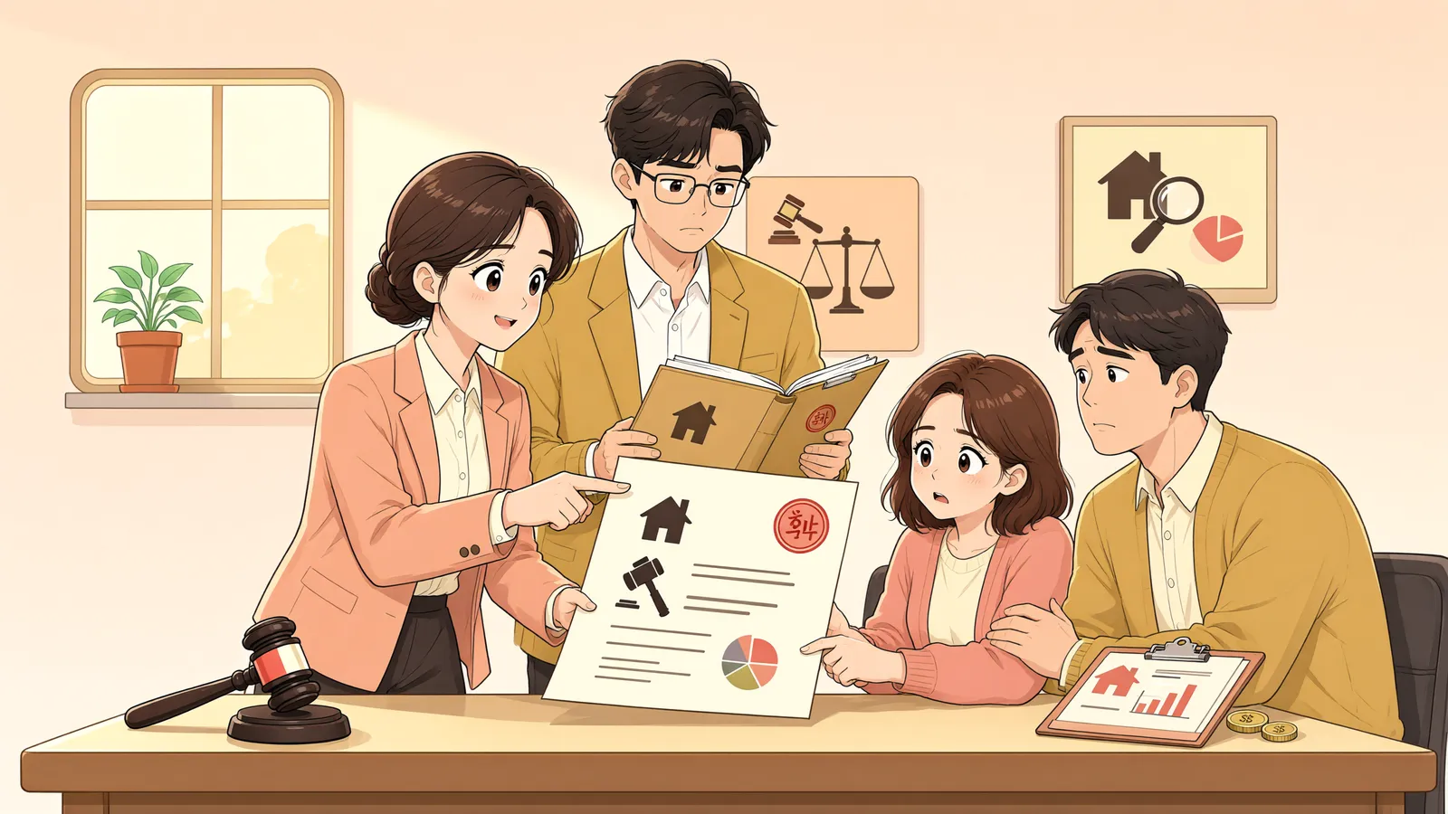 「집만 팔아도 빚을 갚는데, 땅까지 경매에 넘어갈까요?」 상황을 그린 삽화