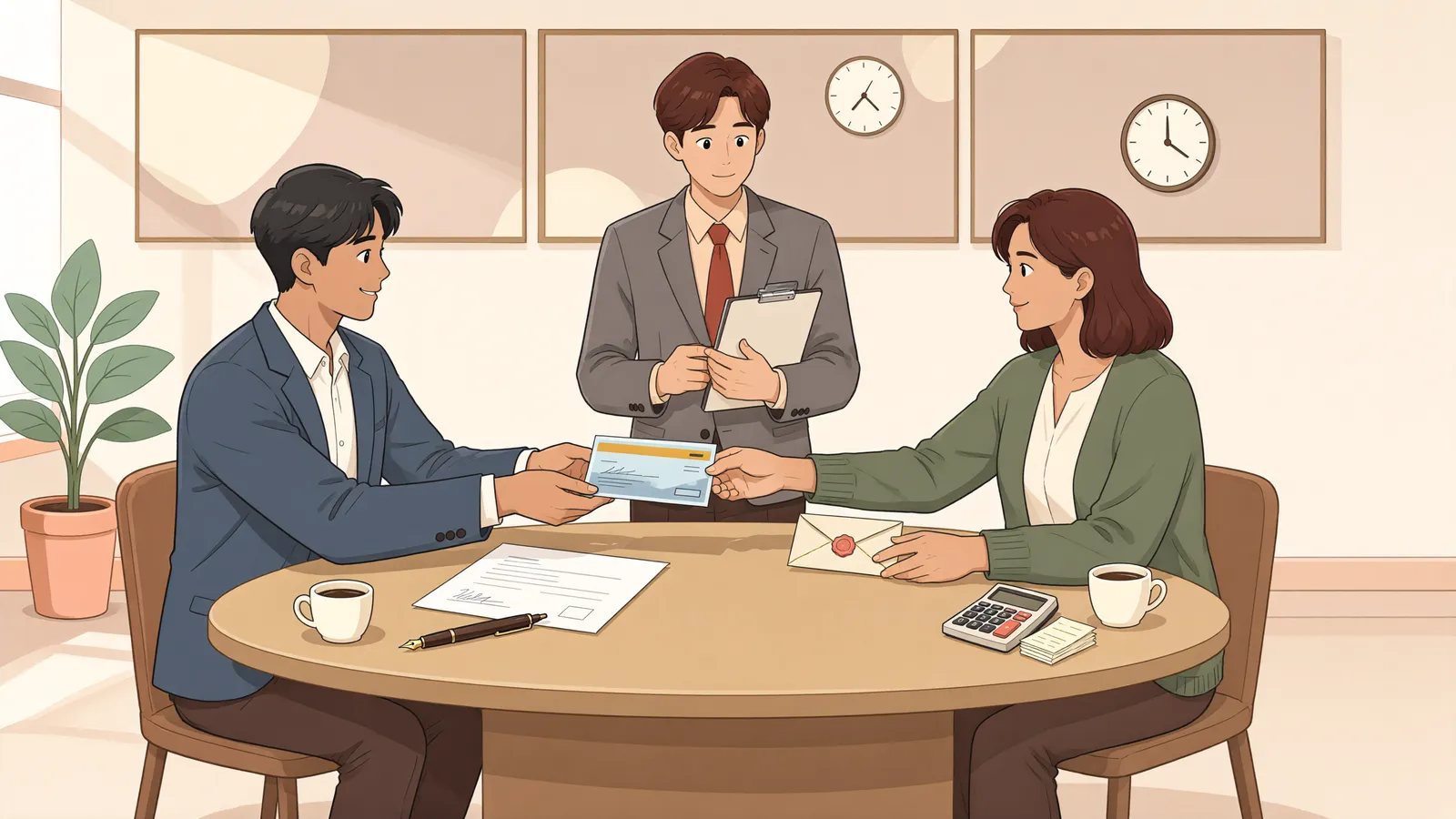 「약속어음으로 계약금을 냈다면, 매도인은 마음을 바꿀 수 있을까?」 상황을 그린 삽화