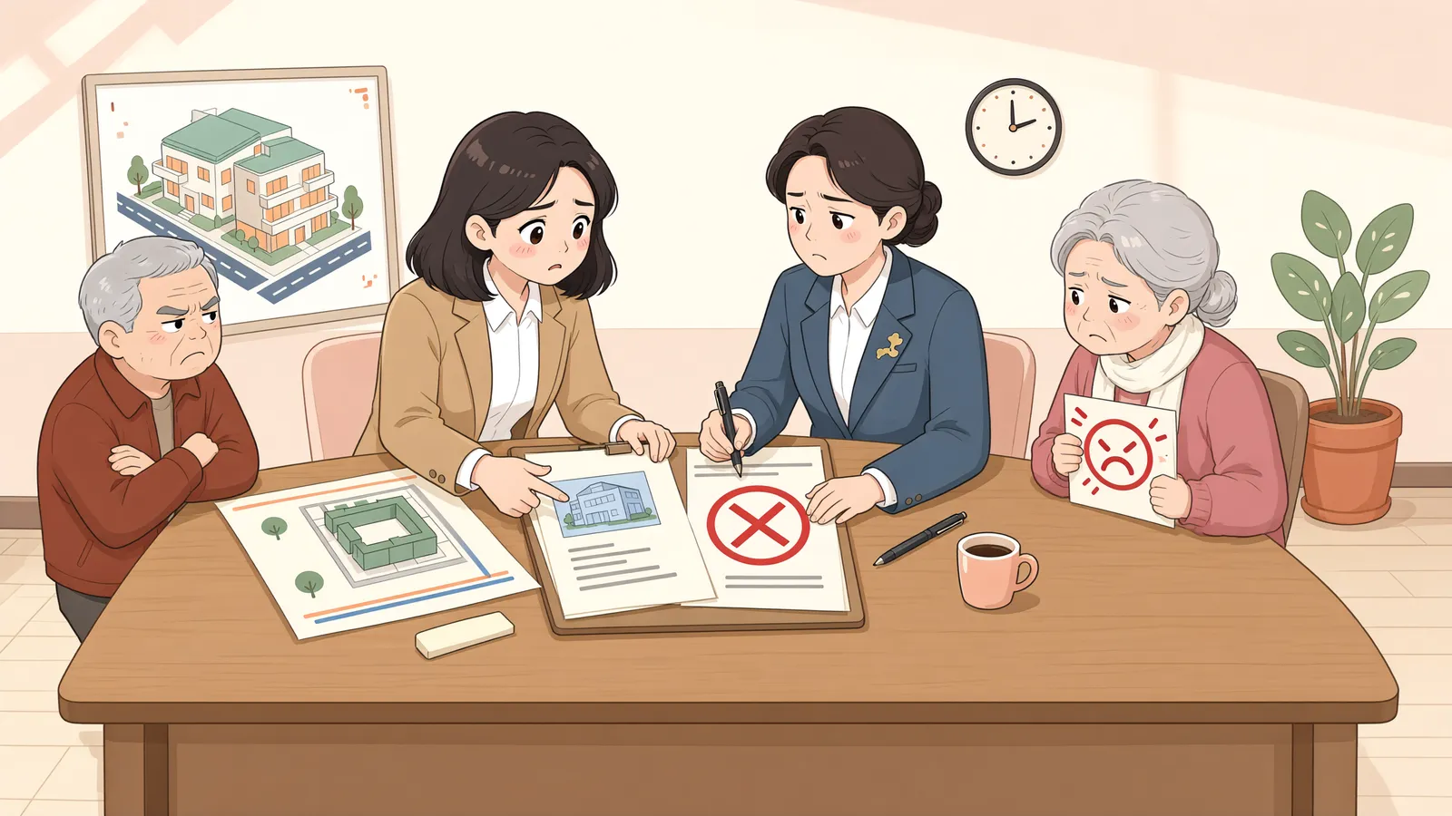 「동네 쉼터로 쓰인 땅, 주민 민원만으로 건축허가를 막을 수 있을까」 상황을 그린 삽화
