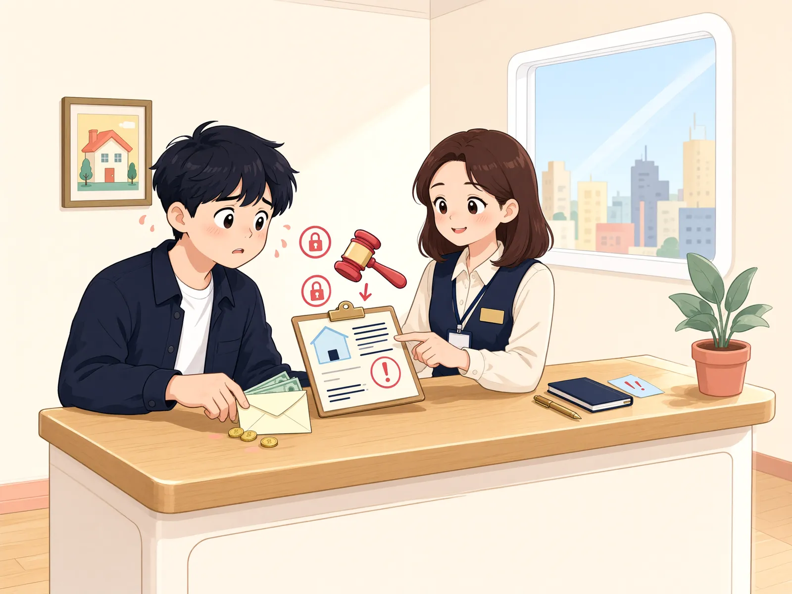 「경매를 앞두고 만든 소액임대차, 최우선변제를 받을 수 있을까」 상황을 그린 삽화