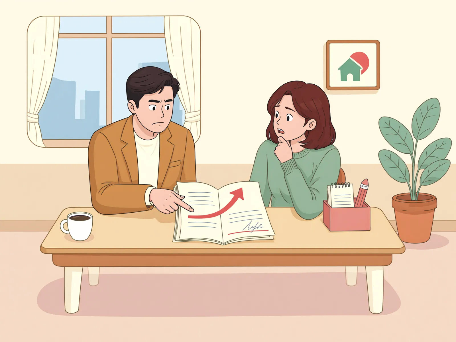 「계약서에 ‘임대인 마음대로 인상’이라고 적혀 있어도」 상황을 그린 삽화