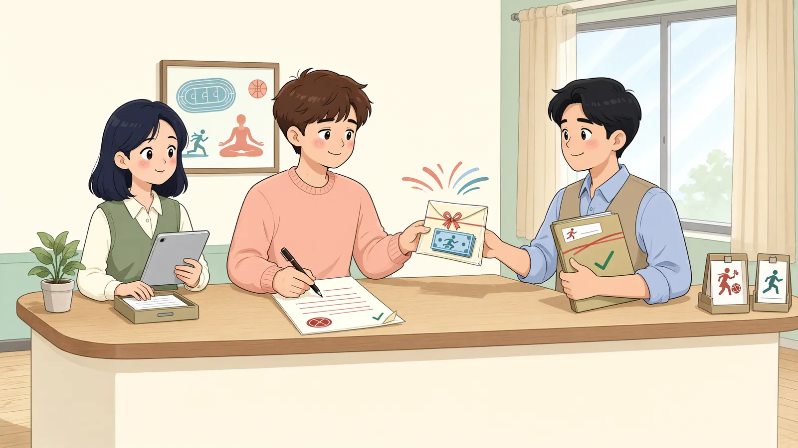 「문 닫기 전 해지한 회원, 새 체육시설 운영자에게 계약금을 받을 수 있을까」 상황을 그린 삽화