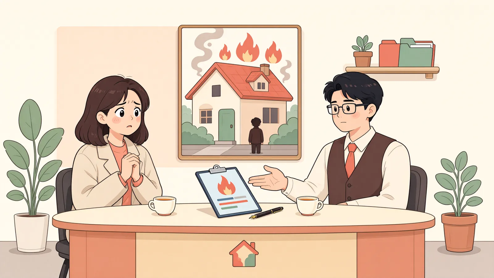 「화재로 집이 사라졌다면, 보증금은 어떻게 될까?」 상황을 그린 삽화