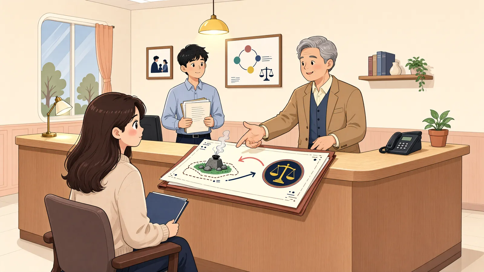 「오래 지킨 묘, 철거 요구에 맞설 수 있을까」 상황을 그린 삽화