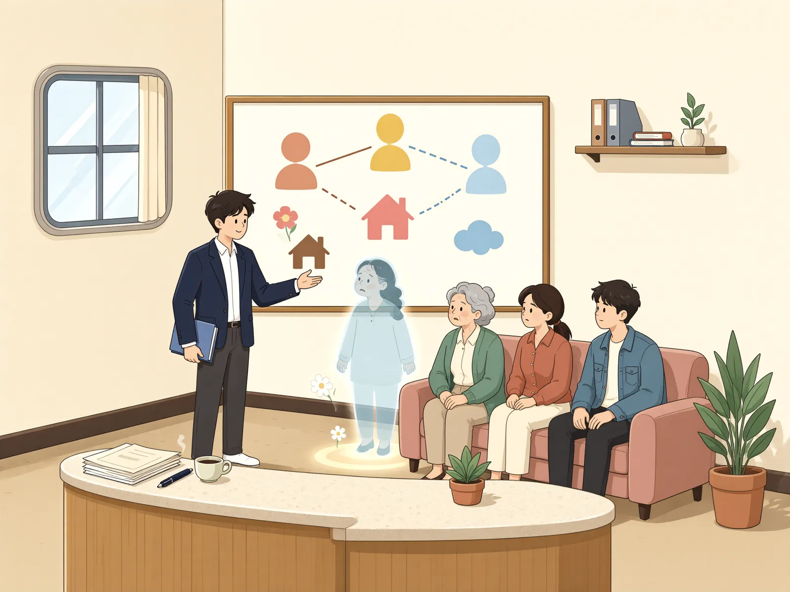「합유 부동산, 상속등기로 이름을 올릴 수 있을까」 상황을 그린 삽화