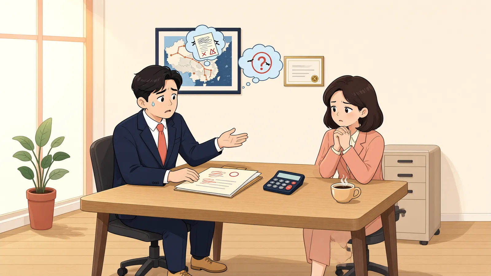 「세금 안내 한마디, 잔금 날짜가 바뀌면」 상황을 그린 삽화