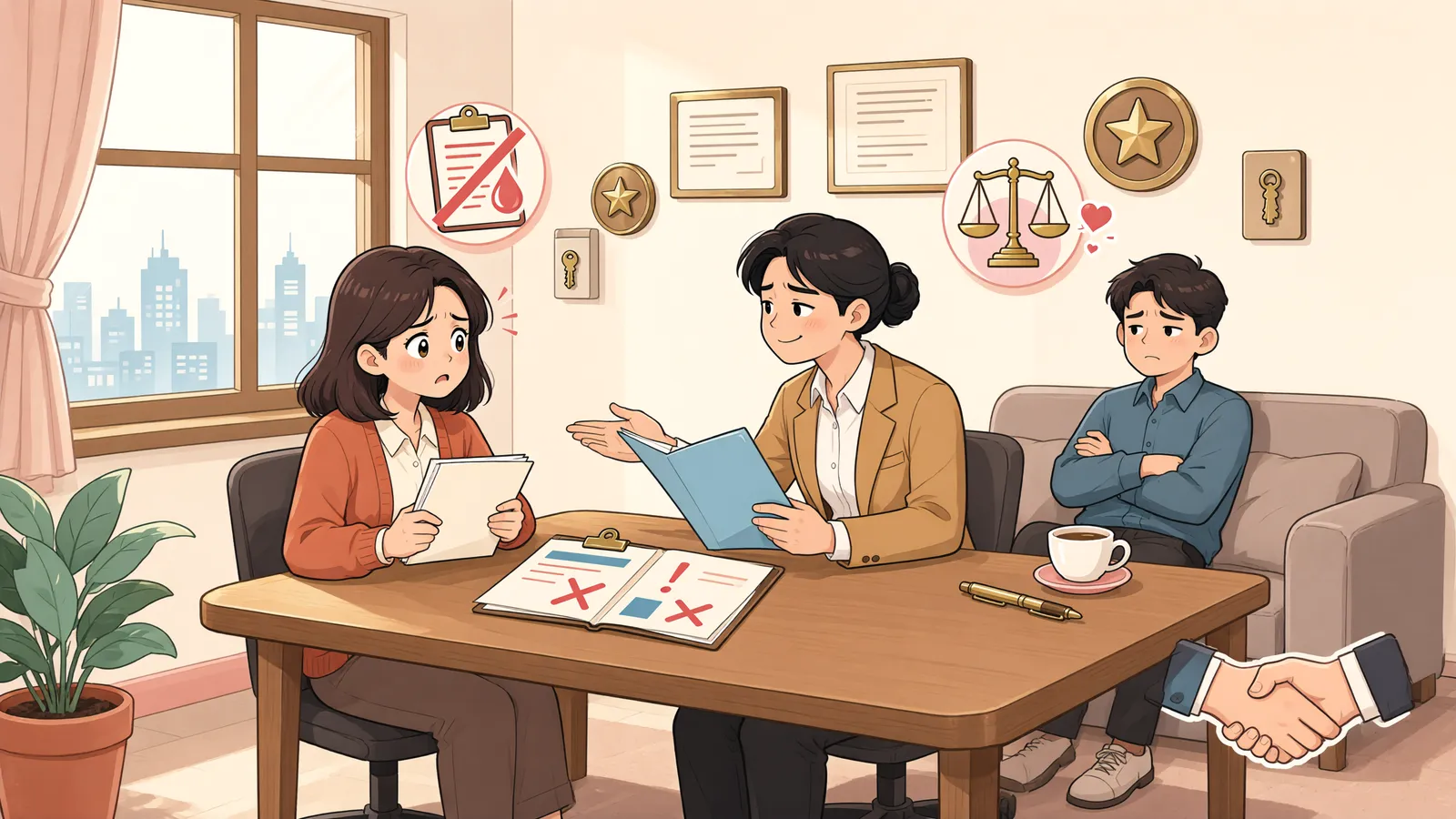 「원단이 오지 않아 멈춘 커튼 제작, 계약을 끝낼 수 있을까」 상황을 그린 삽화