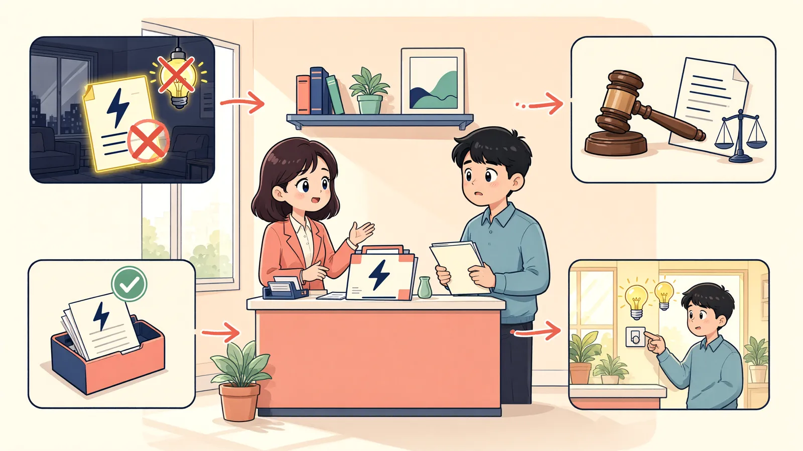 「회생절차가 시작된 뒤, 끊긴 전기를 다시 요청할 수 있을까?」 상황을 그린 삽화