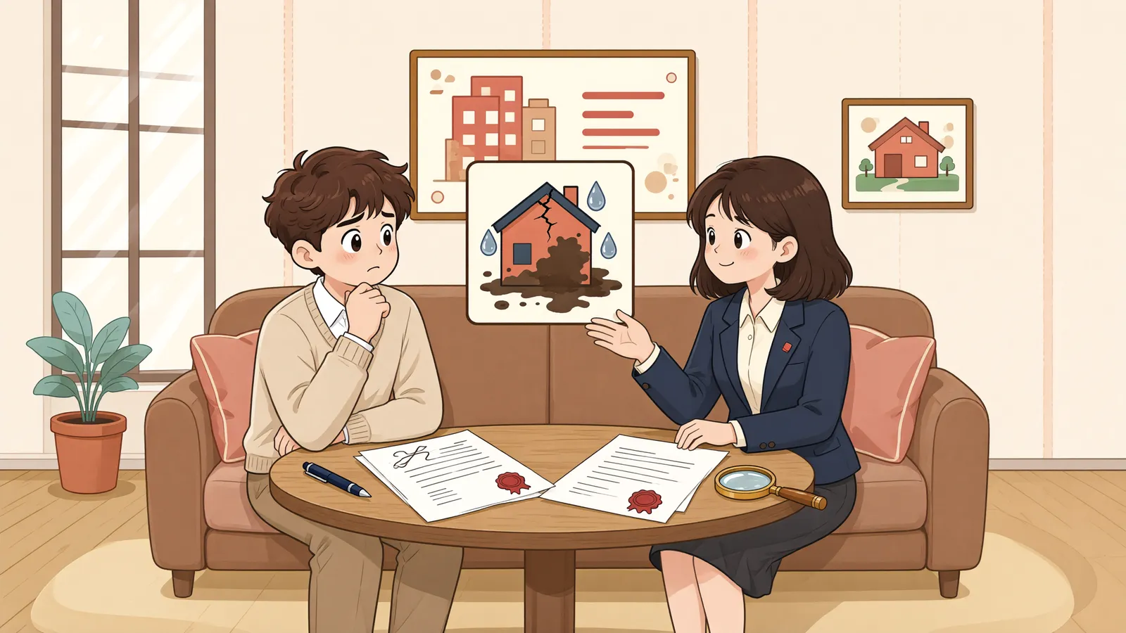 「2년 약정이 끝난 뒤 드러난 지붕 하자, 보수 청구도 끝일까?」 상황을 그린 삽화