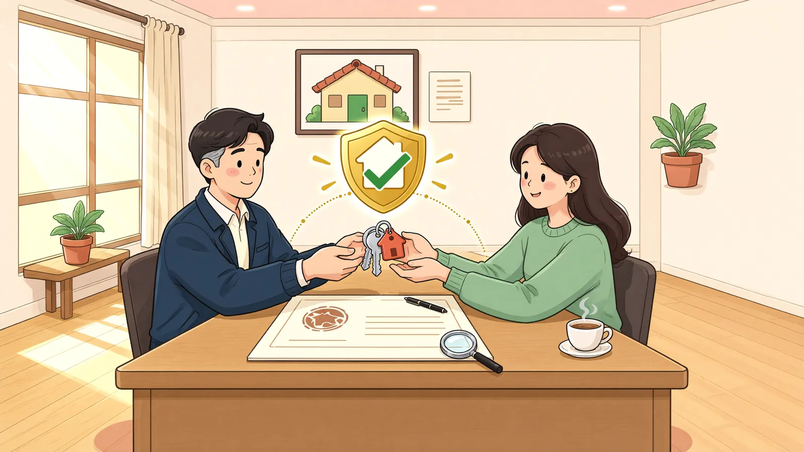 「전차인이 전입신고했다면, 집주인이 바뀌어도 임차인은 대항할 수 있을까」 상황을 그린 삽화