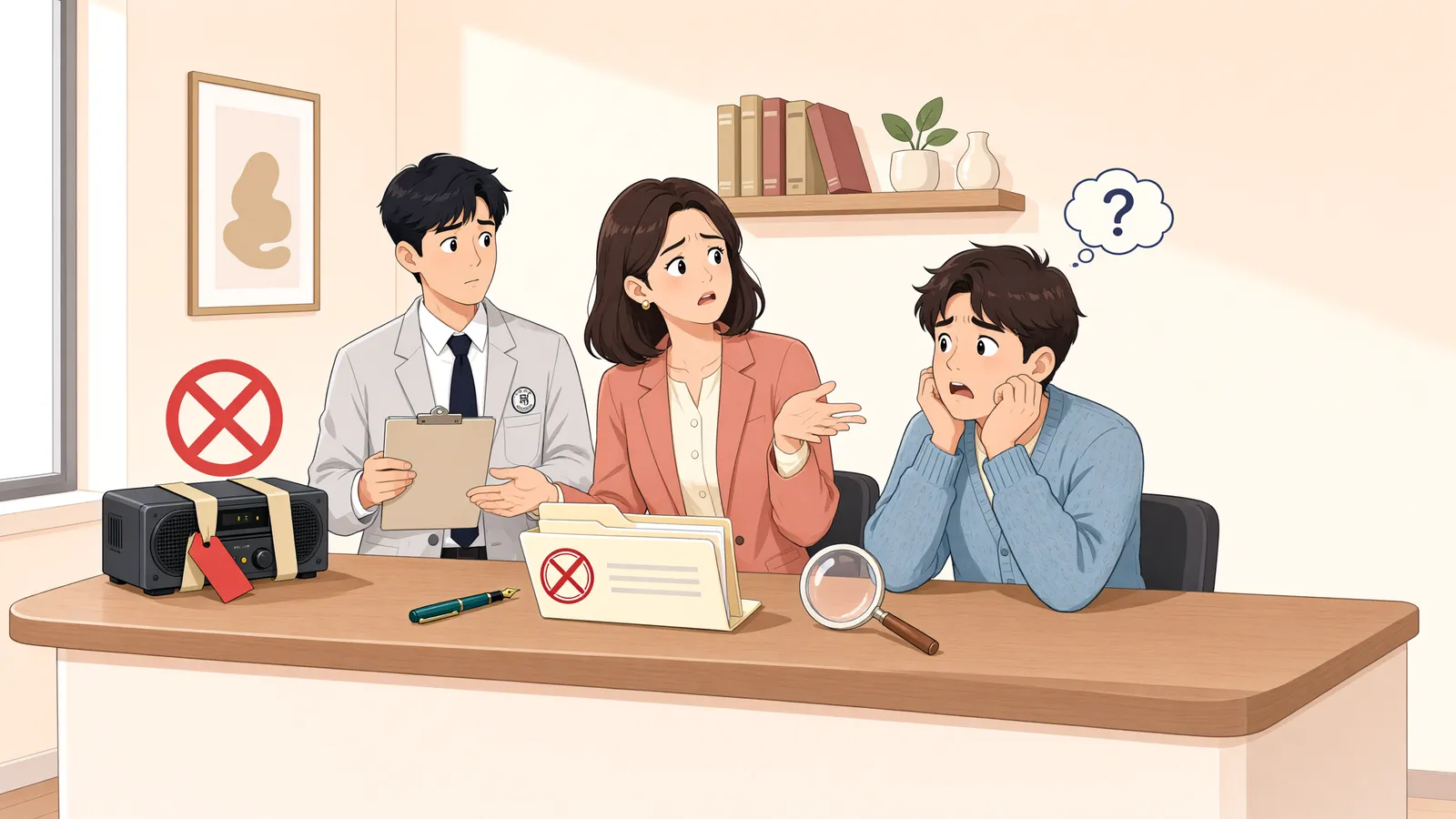 「공장 기계가 잘못 압류됐다면, 집행관이 바로 풀어줄 수 있을까?」 상황을 그린 삽화