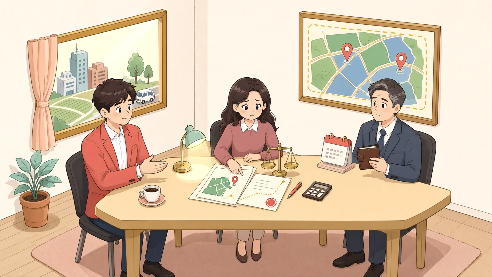 「협의가 막힌 재개발 청산금, 수용재결로 이어질까」 상황을 그린 삽화