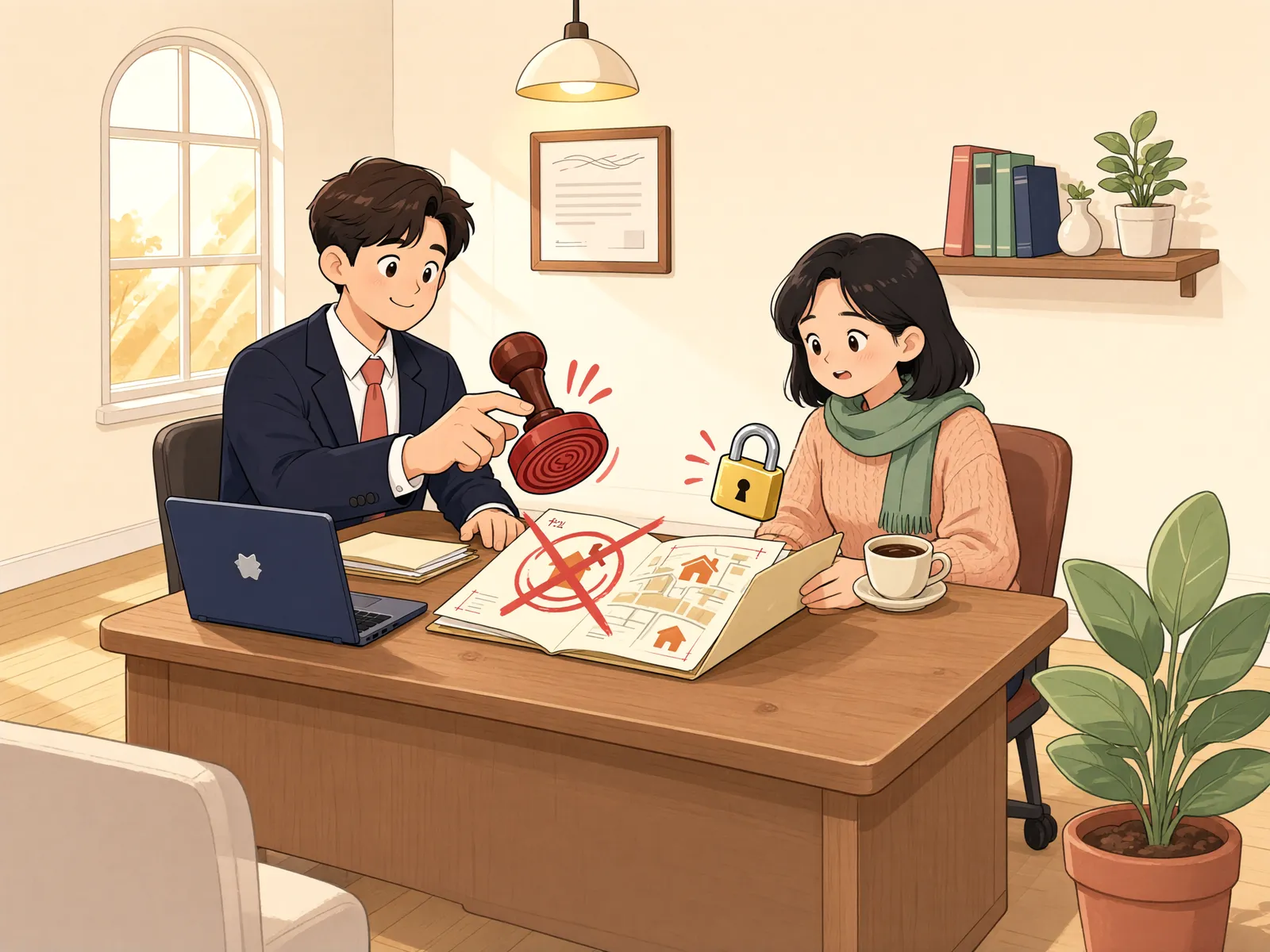 「보증금 가압류, 집을 팔려면 먼저 풀어야 할까?」 상황을 그린 삽화