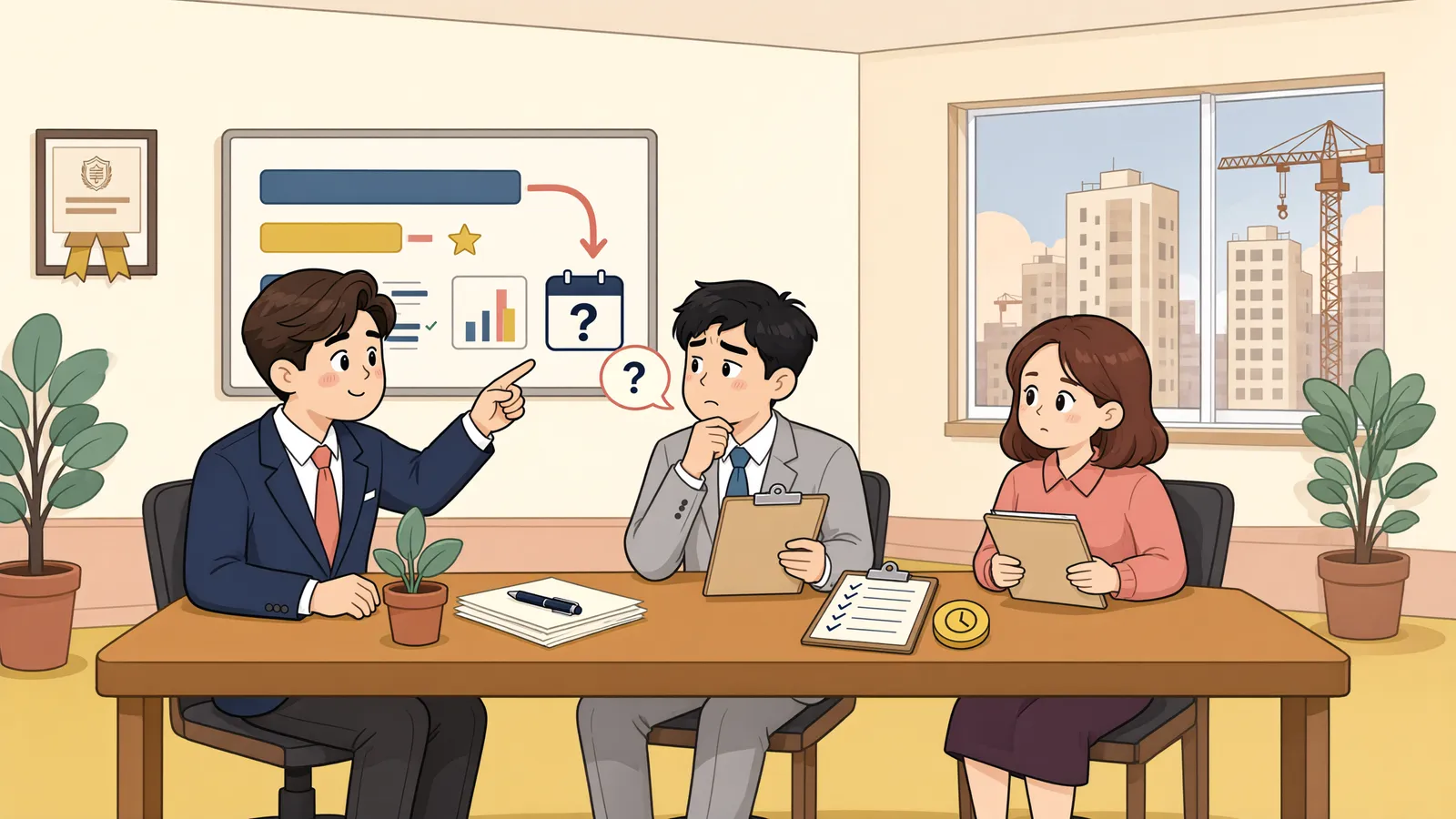 「앞당긴 준공일, 지체상금도 그대로 앞당겨질까」 상황을 그린 삽화