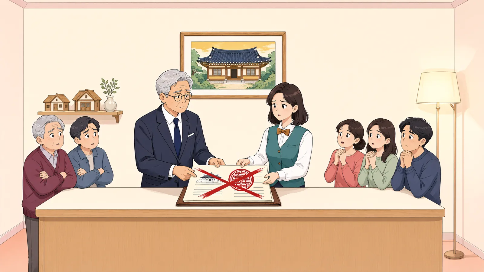 「이사회 의결만으로 종중 임야를 팔 수 있을까」 상황을 그린 삽화