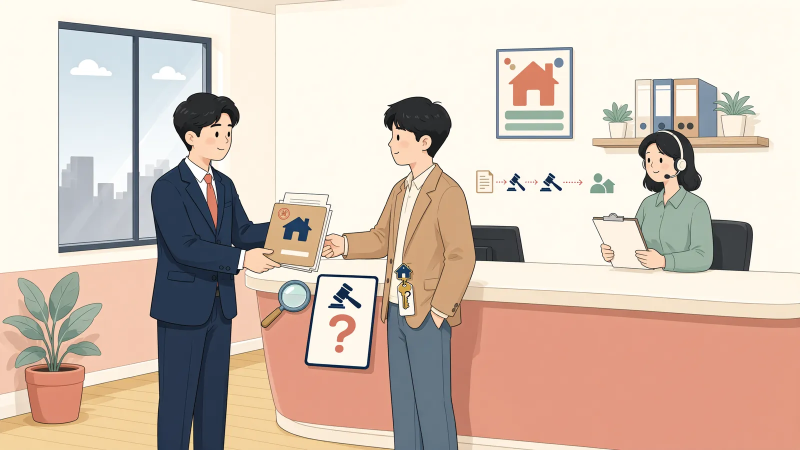 「경매로 산 건물, 다시 매수한 사람도 인도명령을 신청할 수 있을까」 상황을 그린 삽화