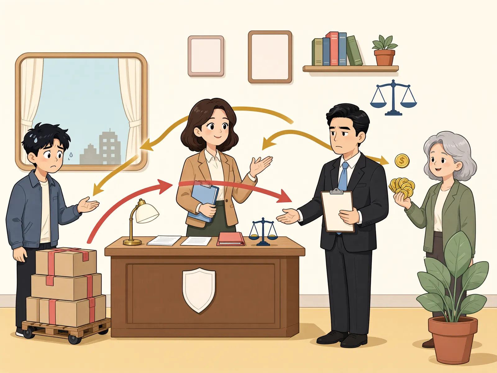 「경매로 팔린 담보 기계, 배당금은 누구 몫일까」 상황을 그린 삽화