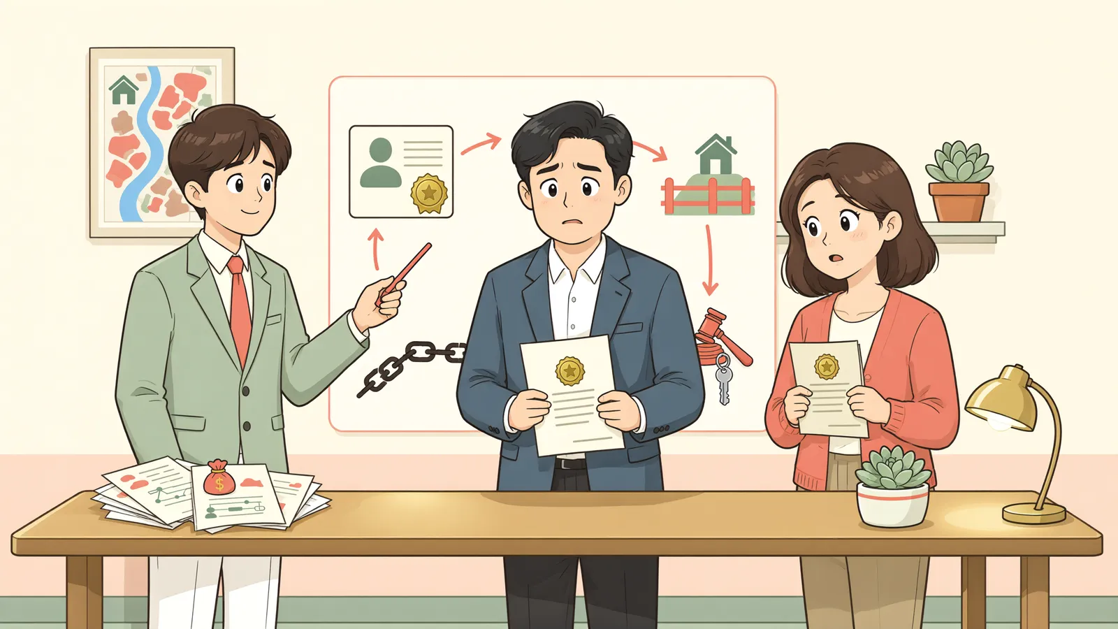 「인낙조서로 땅을 넘겨받은 사람, 사용료도 청구할 수 있을까」 상황을 그린 삽화