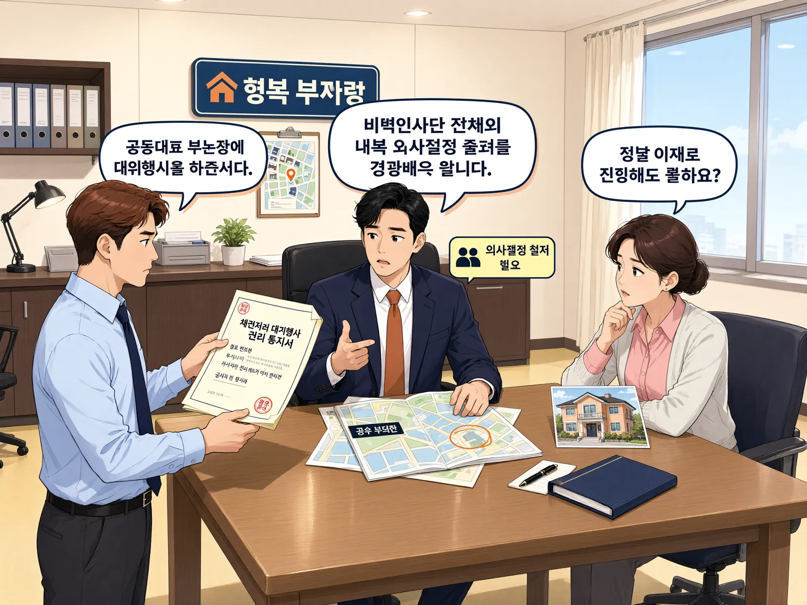 「총회 결의 없이도 채권자대위소송을 할 수 있을까?」 상황을 그린 삽화